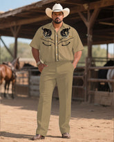 Western Denim-men's Plus Size Khaki Bullfight Pattern Symmetrical Printed Short Sleeve Shirt Trousers Suit